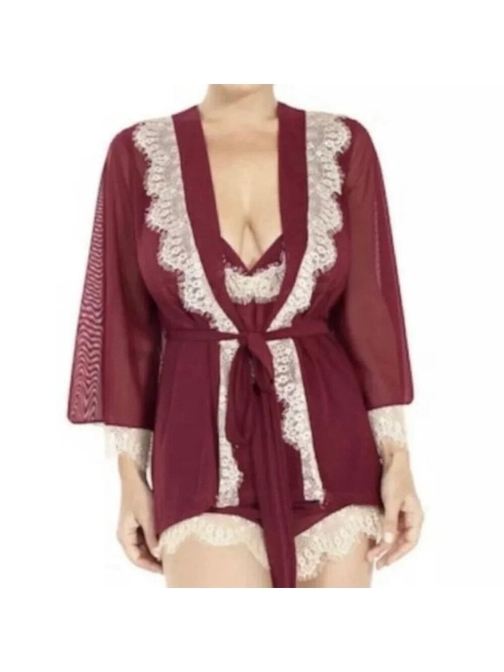 NEW Rhonda Shear Burgundy Sheer Lace Trim Robe - Small